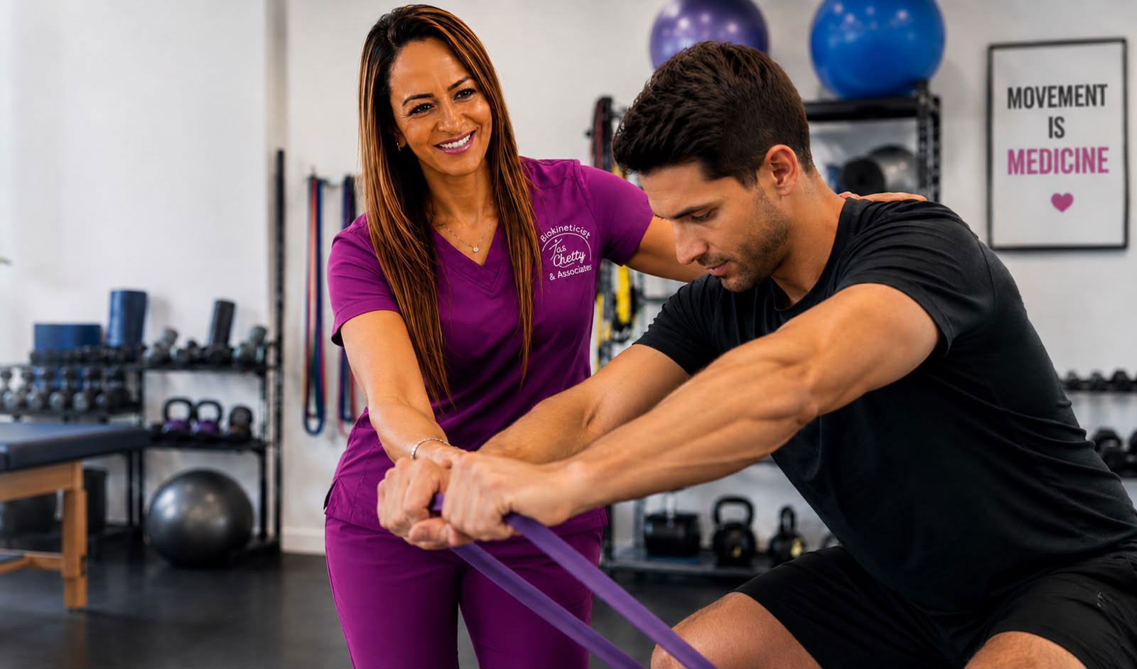 Biokineticist assisting a patient with rehabilitation exercise
